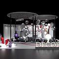 Elegant DECORTE Exhibition Booth Display With White Purple Spheres And Hanging Ornaments