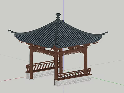 Traditional Chinese Style Pavilion With Overhanging Eaves Black Tiles Wooden Railing And Stone Base 3d model
