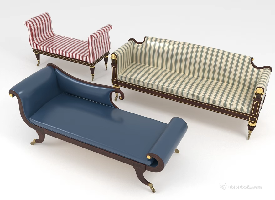 Leisure Sofa Combination With Striped Patterns Blue Upholstery And Wooden Legs For Living Room 3d model 