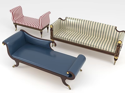 Leisure Sofa Combination With Striped Patterns Blue Upholstery And Wooden Legs For Living Room 3d model