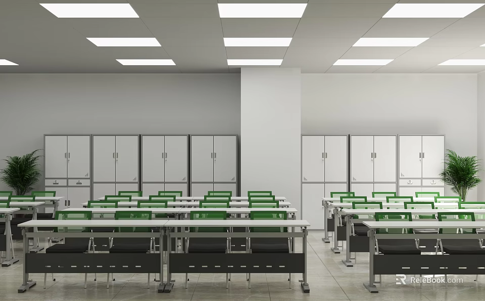 School Classroom Interior Design With Green Chairs Lockers White Walls And Ceiling Lights 3d model 