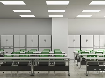 School Classroom Interior Design With Green Chairs Lockers White Walls And Ceiling Lights 3d model