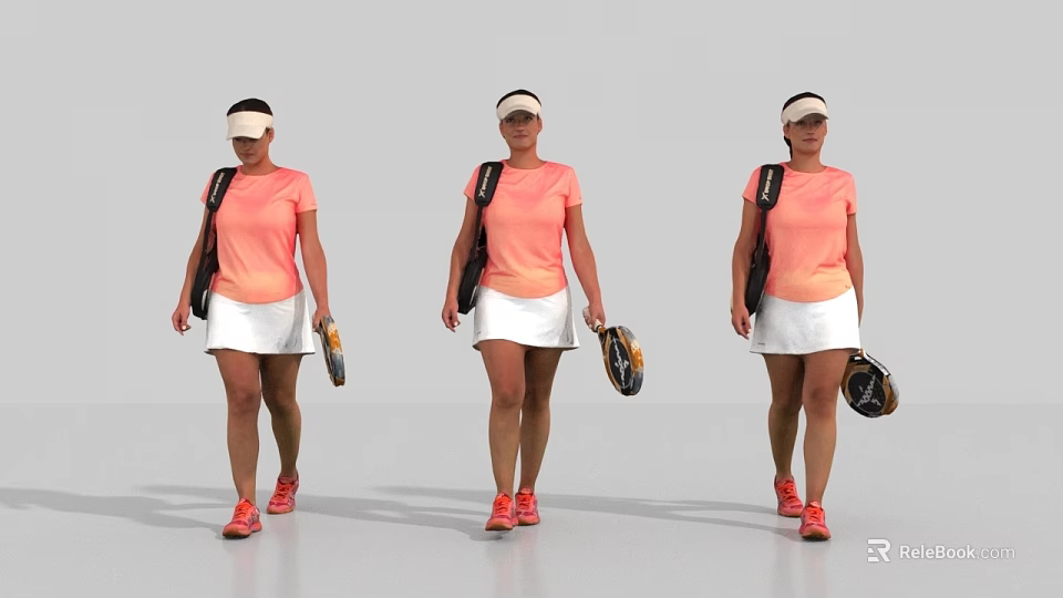 Women walking with tennis rackets wearing orange shirts white skirts black backpacks and white caps 3d model 