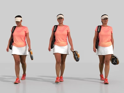 Women walking with tennis rackets wearing orange shirts white skirts black backpacks and white caps 3d model