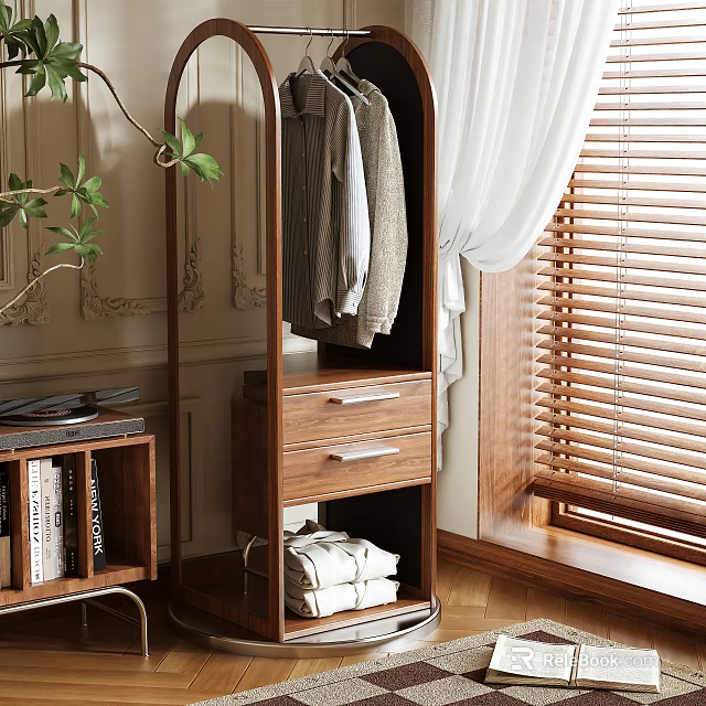 Wooden Wardrobe Interior Design With Hanging Clothes Drawers And Window View 3d model 