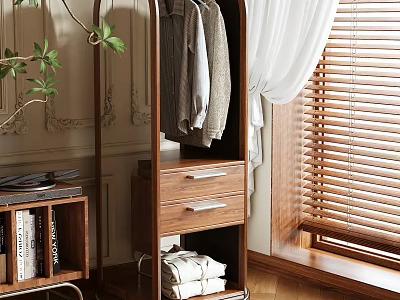 Wooden Wardrobe Interior Design With Hanging Clothes Drawers And Window View 3d model