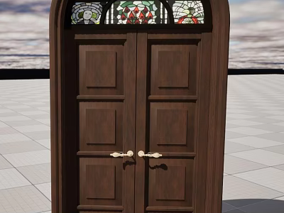 Arch Top Wooden Double Doors With Stained Glass Panels Classic Design 3d model
