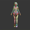 Game and Movie Character With Blue Hair Blue White Form Fitting Suit Orange Black Accents