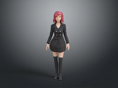 Pink Haired Woman In Black Double Breasted Coat Short Skirt And Knee High Boots 3d model