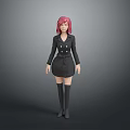Pink Haired Woman In Black Double Breasted Coat Short Skirt And Knee High Boots