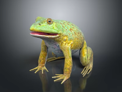 Green And Yellow Textured Frog Standing On Dark Reflective Surface With Open Mouth 3d model