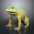 Green And Yellow Textured Frog Standing On Dark Reflective Surface With Open Mouth