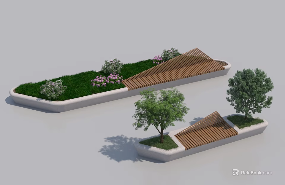 Roadside Facilities Featuring Green Lawns Flower Beds Wooden Structures and Trees 3d model 