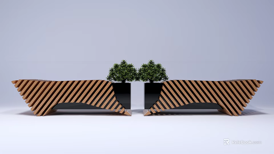 Outdoor Chair With Brown And Black Striped Design And Green Plants For Garden Use 3d model 