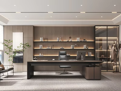 Modern Office Interior With Large Desk Office Chair Bookshelf Sofa Glass Partition And Green Plant 3d model