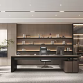 Modern Office Interior With Large Desk Office Chair Bookshelf Sofa Glass Partition And Green Plant