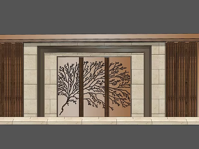 Modern Feature Wall Design With Wooden Panels Stone Background And Tree Pattern 3d model