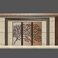 Modern Feature Wall Design With Wooden Panels Stone Background And Tree Pattern