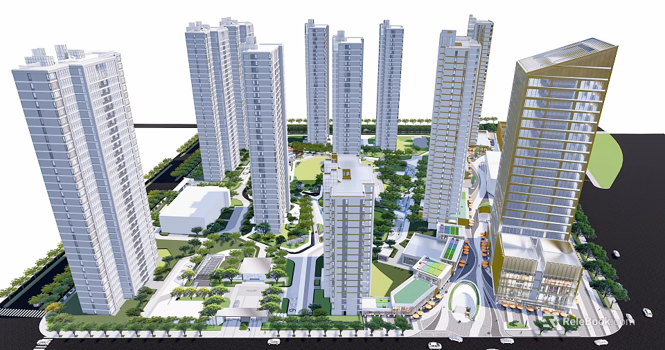 Modern Urban High Rise Residential Buildings With Green Spaces And Roads 3d model 