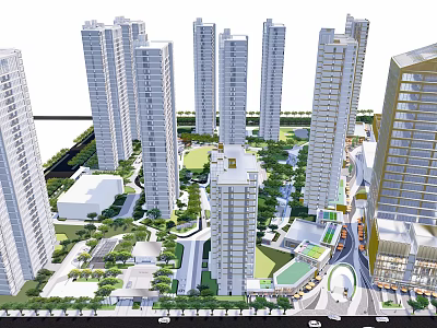 Modern Urban High Rise Residential Buildings With Green Spaces And Roads 3d model