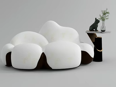 White Irregular Shaped Sofa with Brown Base Side Table Green Plant and Black Figurine 3d model