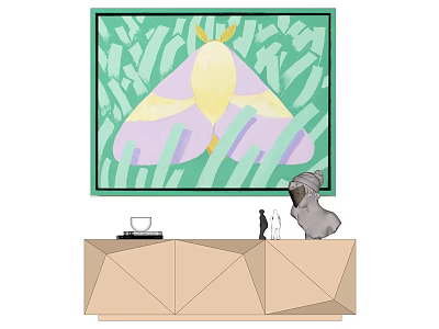 Abstract Painting With Green Background Yellow Pink Shapes And Geometric Cabinet Decor 3d model