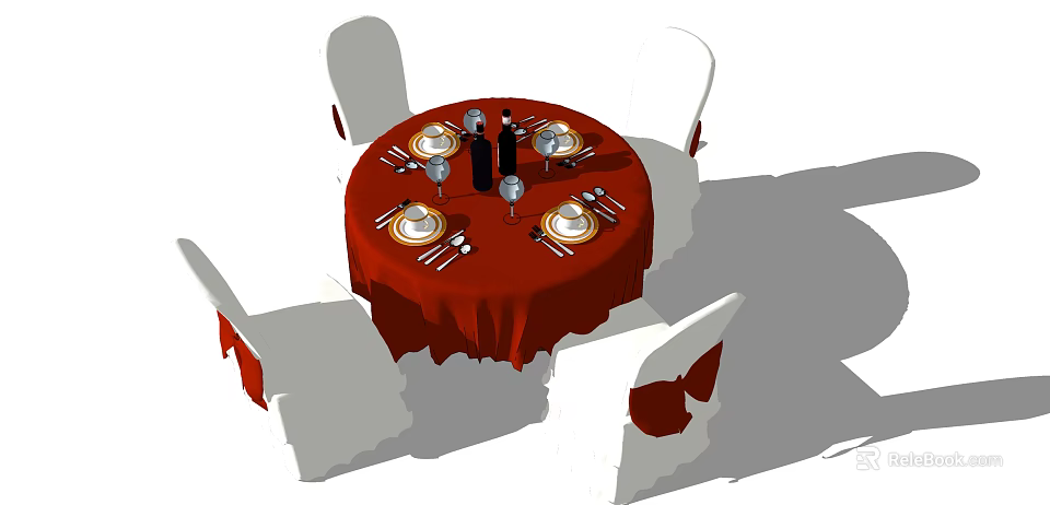 Round Dining Table Set With Red Tablecloth White Chairs And Tableware 3d model