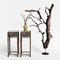 Traditional Carved Wooden Flower Stands With Yellow Vase And Decorative Tree Branch
