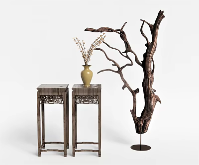 Traditional Carved Wooden Flower Stands With Yellow Vase And Decorative Tree Branch 3d model