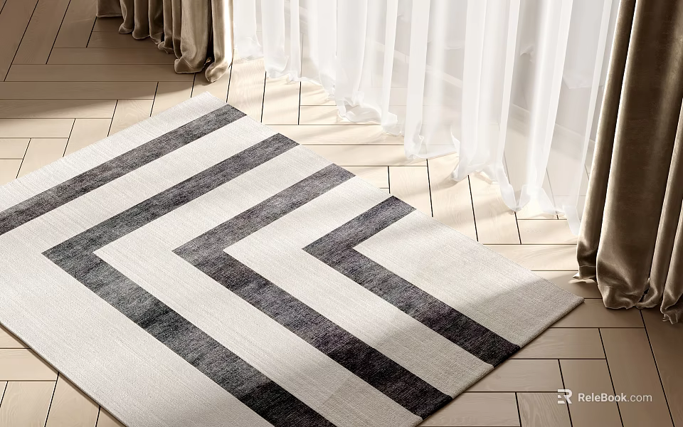 Geometric Striped Square Area Rug in Bright Room With Curtains 3d model 