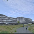 Modern Glass Facade Office Building With Green Area Pedestrians And Pathway
