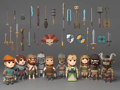 Cartoon Style Game and Movie Characters with Various Weapons and Equipment 3d model