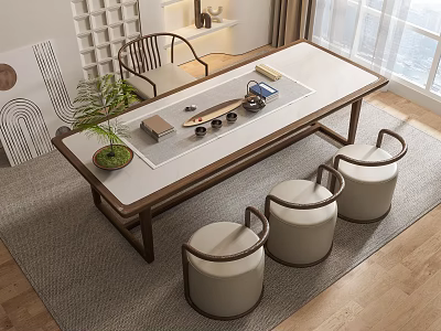 Modern Tea Table and Chairs Set with Wooden Frame Round Cushioned Stools Indoor Plant Natural Light 3d model