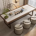 Modern Tea Table and Chairs Set with Wooden Frame Round Cushioned Stools Indoor Plant Natural Light