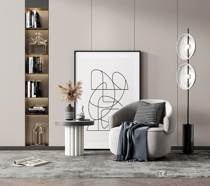 Modern Gray Single Sofa With Blanket Next To Round Table Abstract Painting And Floor Lamp 3d model 
