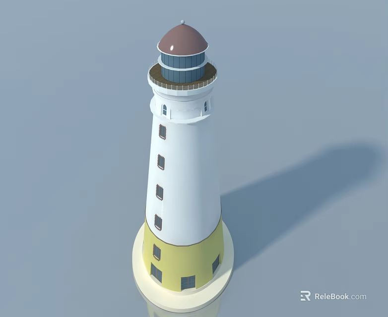 Hinged Door Design On White Lighthouse With Red Dome Yellow Base And Windows 3d model 