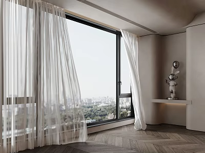 White Sheer Curtains in Modern Room with Large Window City View Herringbone Wooden Floor and Sculpture 3d model