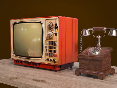 Vintage Red And Beige Television With Old Fashioned Telephone On Wooden Table 3d model
