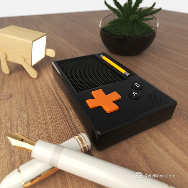 Vintage Black Entertainment Gaming Device With Orange Cross Button On Wooden Desk 3d model 