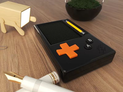 Vintage Black Entertainment Gaming Device With Orange Cross Button On Wooden Desk 3d model