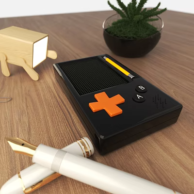 Vintage Black Entertainment Gaming Device With Orange Cross Button On Wooden Desk 3d model