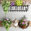 Creative Garden Decor with Hanging Planters Metal Brackets and Colorful Plants on Brick Wall