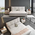Modern Double Bed Bedroom Interior With Light Gray Headboard Bedside Lamp And Dark Background Wall