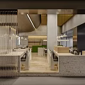 Modern Restaurant Interior With Exposed Wooden Beams Long Tables And Indoor Plants