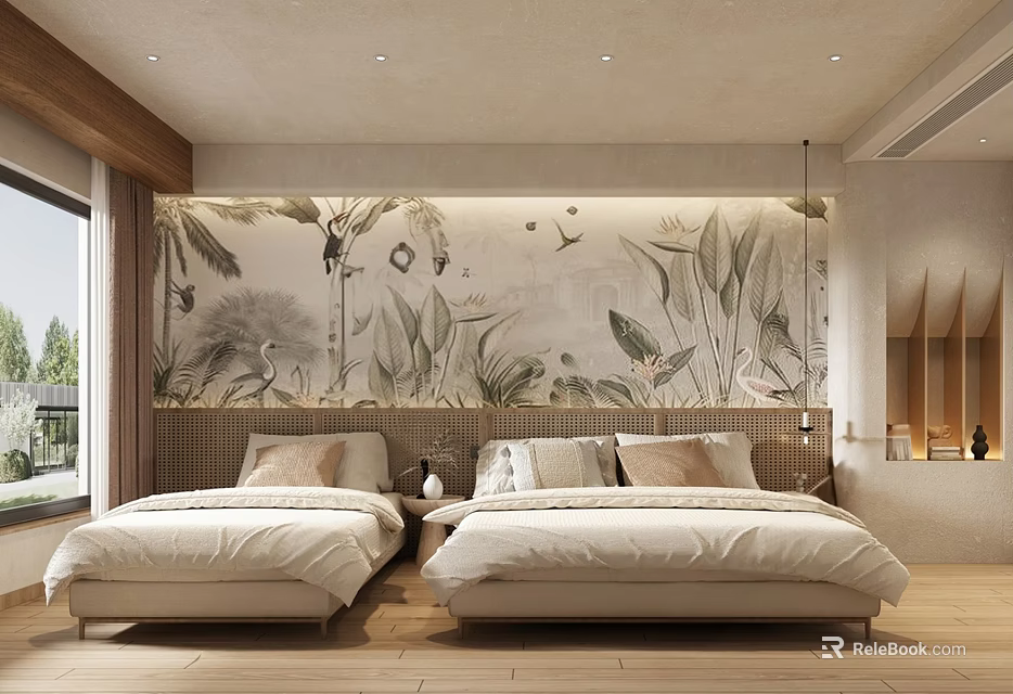 Hotel Guest Room Interior With Twin Beds Botanical Bird Mural And Wooden Elements 3d model 
