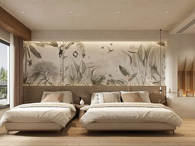 Hotel Guest Room Interior With Twin Beds Botanical Bird Mural And Wooden Elements 3d model