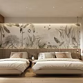 Hotel Guest Room Interior With Twin Beds Botanical Bird Mural And Wooden Elements