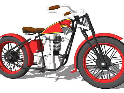 Vintage Red and Black Motorcycle with Brown Seat White Handlebars and Red Rims 3d model