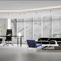 Modern Office Interior Design With Black Sofa Blue Chair And Large Windows With Blinds
