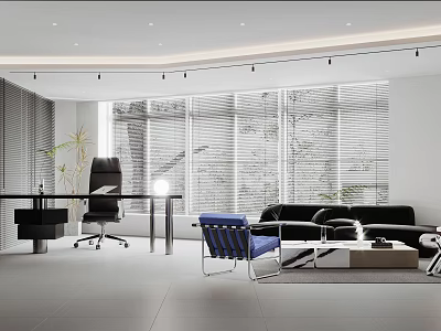 Modern Office Interior Design With Black Sofa Blue Chair And Large Windows With Blinds 3d model